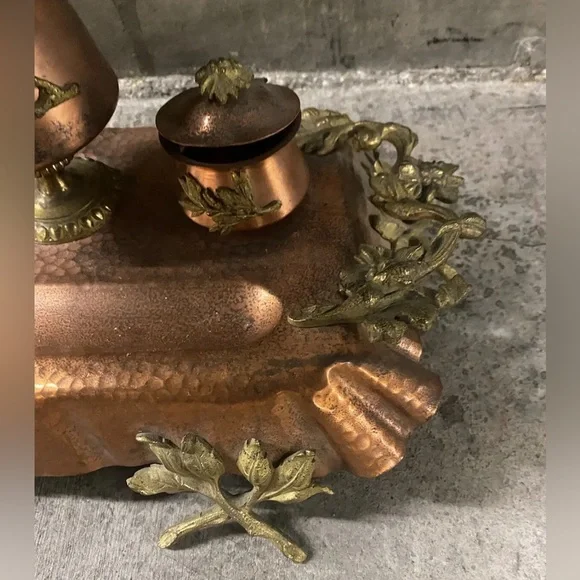 Hammered Copper French Bouillotte Lamp Handpainted Shade W/ Built In Inkwell WOW - Picture 5 of 12